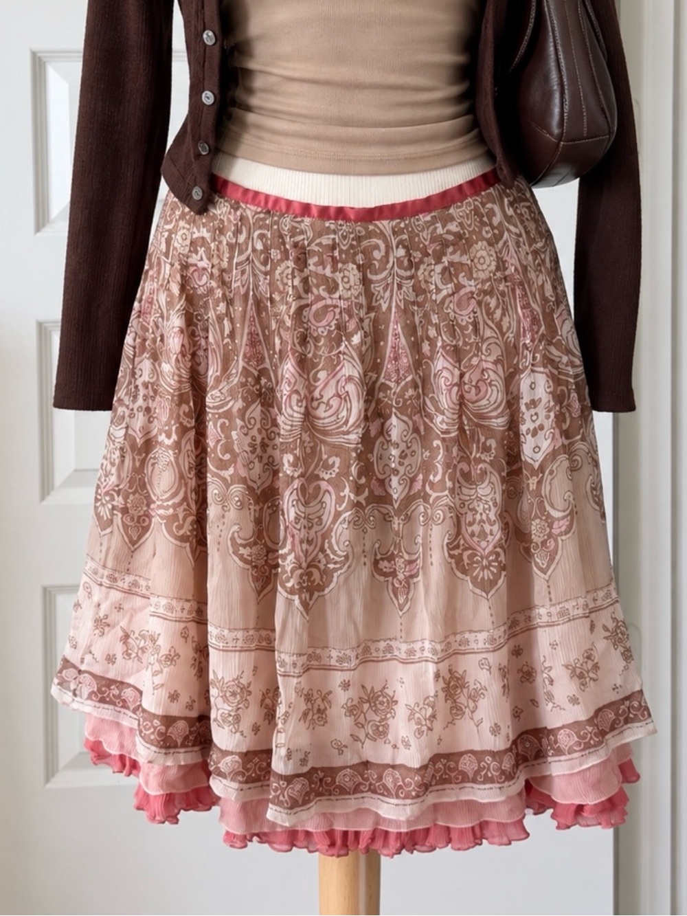 Y2K The Limited Silk Paisley Rhinestone Layered Chiffon Fairycore Midi Skirt